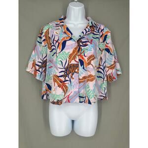 Cynthia Rowley Top Womens Medium Pink Jungle Animal Print Satin Crop Button